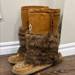 Women's Brown Faux Fur Suede Mid-Calf Winter Boots